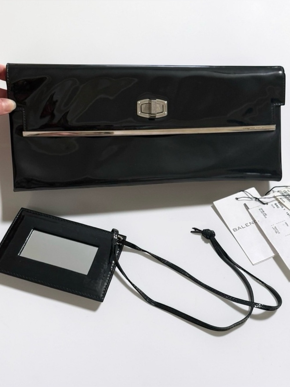 AUTH BALENCIAGA PATENT LEATHER BLACK CLUTCH BAG LONG SILVER LOCK + MIRROR DUSTER - Picture 14 of 16